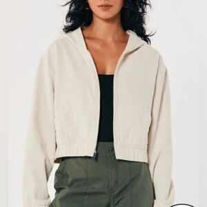 Hollister Corduroy Hooded Crop Zip-Up Jacket – Cream – Size Smal